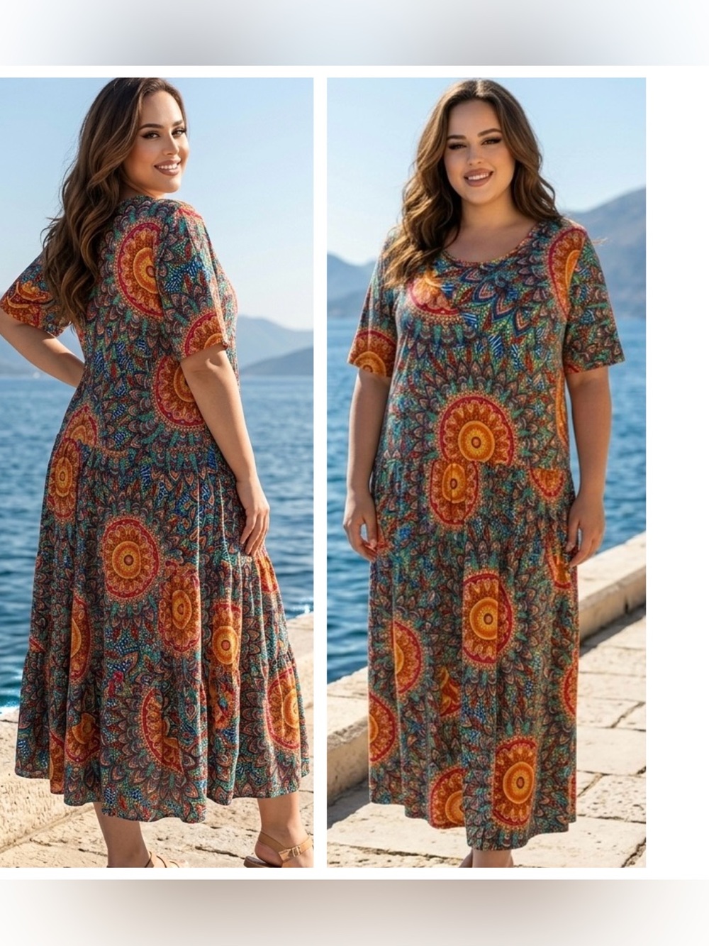 D B Moon Women Plus Size 3XL Multicolor Mandala Print Maxi Dress pockets